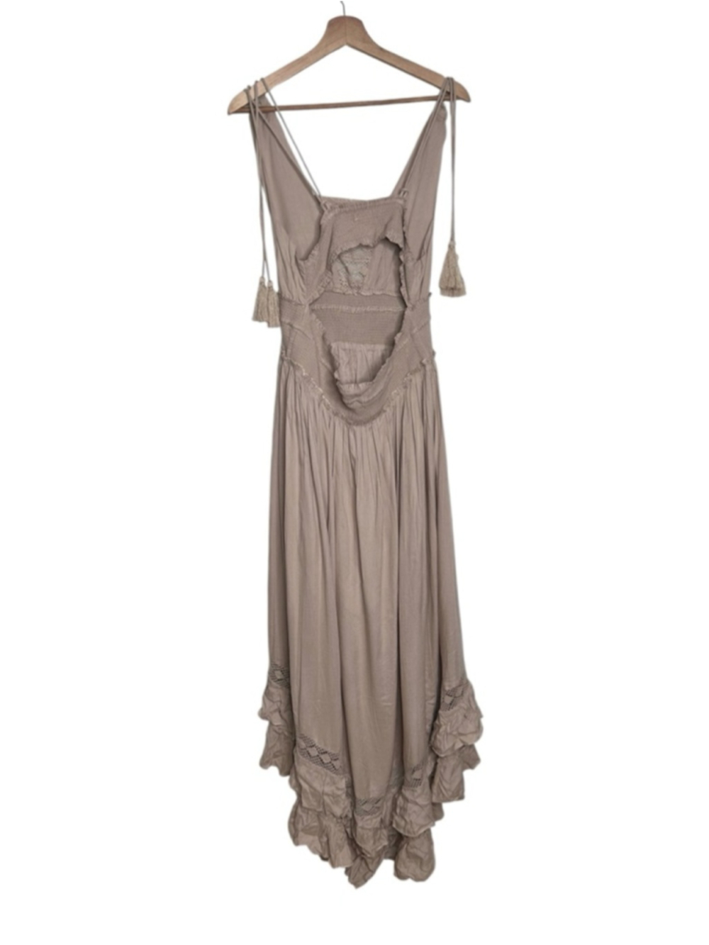 Venus Women’s Beige Tassel Ruffle Lace Smocked Waist Boho Maxi Dress Size Large - Picture 6 of 11